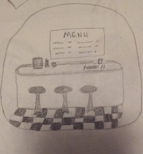 I used every cliché I knew to do this simple drawing of a diner.